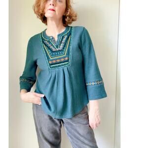 Soft Surroundings Womens Thermal Boho Top Size M Teal Embellished Hippie